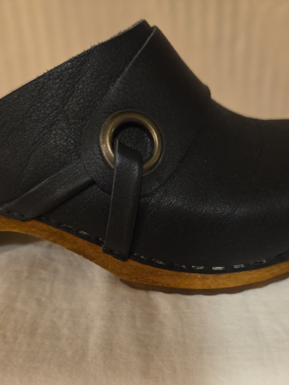 Sanita Black Leather Clog Mules with Wood-Tone Sole - Picture 7 of 8